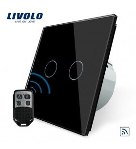 Intrerupator de sticla touch dublu, wireless, Negru, + telecomanda tip breloc, Livolo