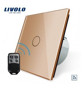 Intrerupator de sticla touch simplu, wireless, Auriu,   telecomanda tip breloc, Livolo