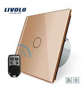 Intrerupator de sticla touch simplu, wireless, dimabil, Auriu, + telecomanda tip breloc, Livolo